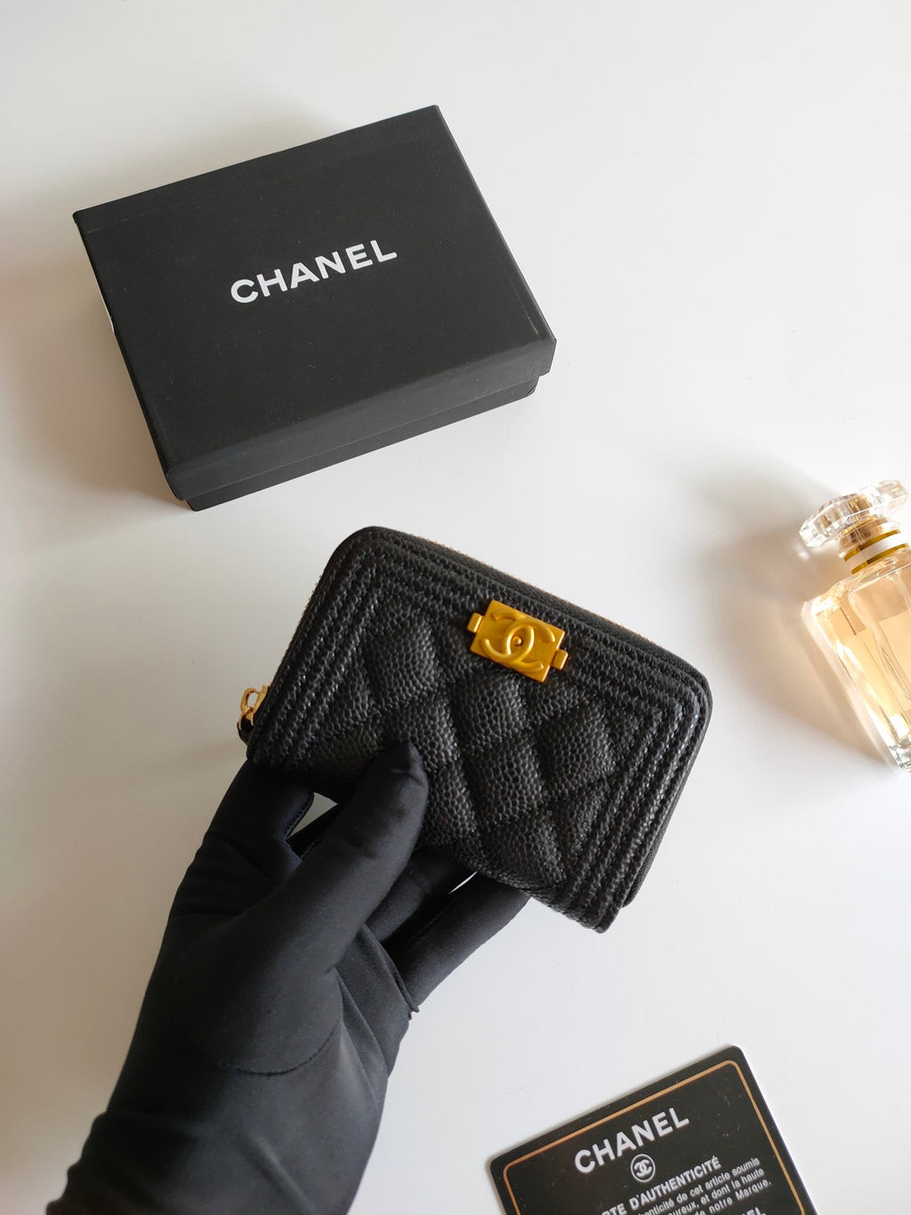 CHANEL BOY ZIP COIN PURSE 11.5 BLACK GRAINED CALFSKIN GOLD ICON