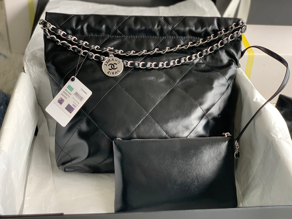 CHANEL MEDIUM 37 HANDBAG IN BLACK SHINY CALFSKIN SILVER HARDWARE