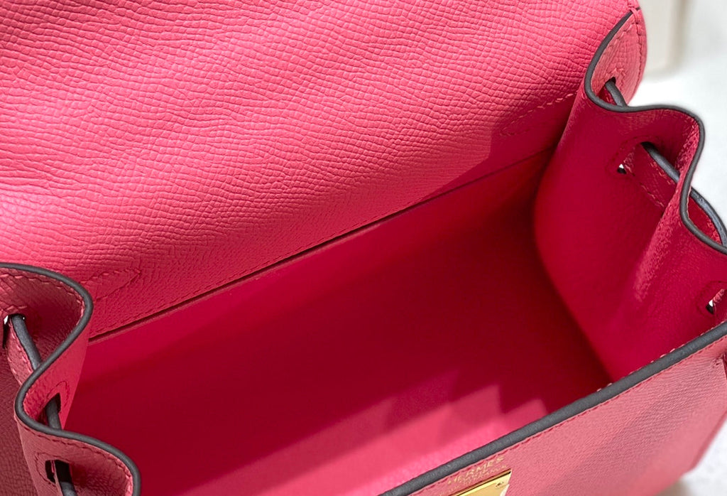 HERMES KELLY MINI 20 BAG IN WATERMELON PINK CALFSKIN WITH GOLD HARDWARE