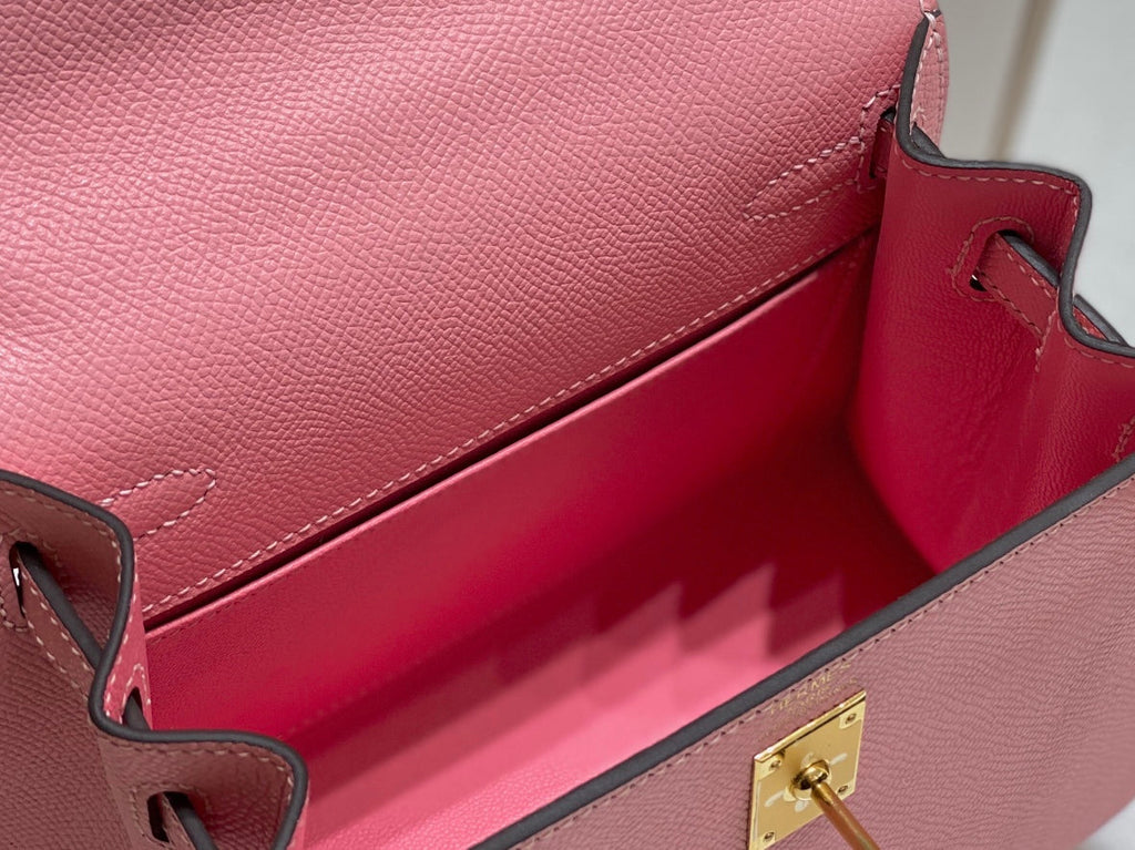 HERMES KELLY MINI 20 BAG IN ROUGE PINK CALFSKIN WITH GOLD HARDWARE