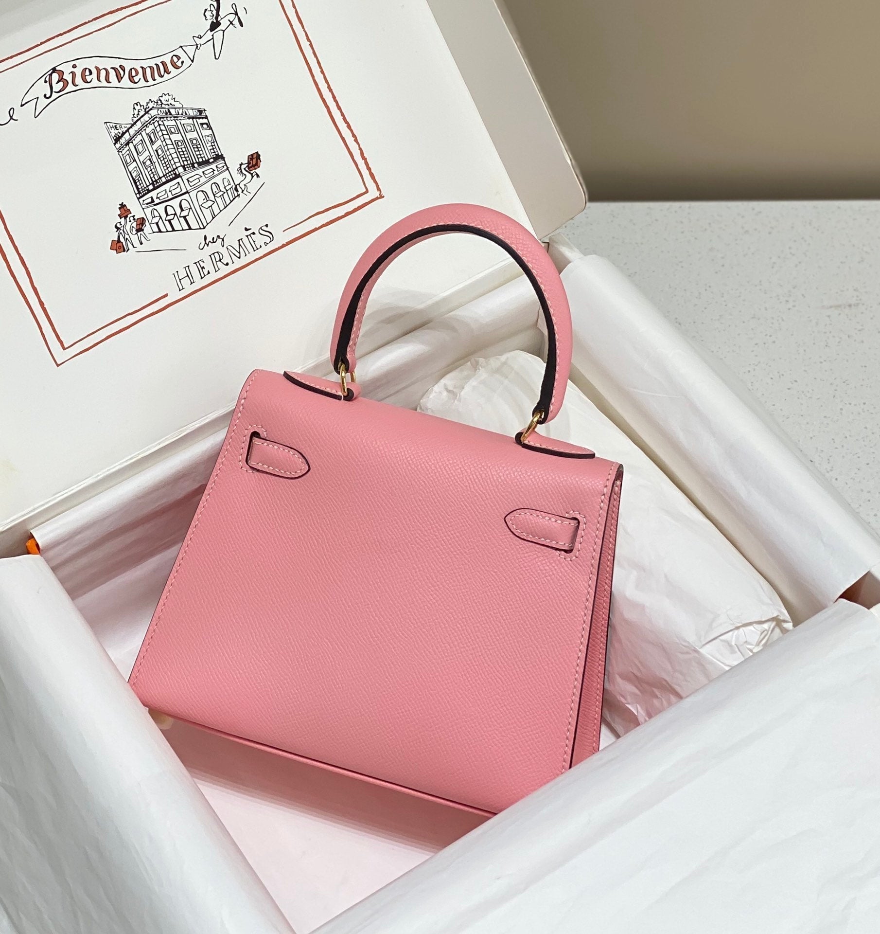 HERMES KELLY MINI 20 BAG IN ROUGE PINK CALFSKIN WITH GOLD HARDWARE