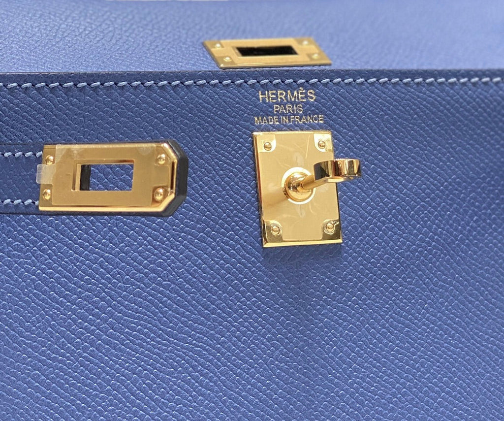 HERMES KELLY MINI 20 BAG IN AZURE BLUE CALFSKIN WITH GOLD HARDWARE
