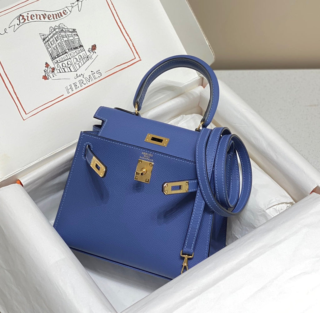 HERMES KELLY MINI 20 BAG IN AZURE BLUE CALFSKIN WITH GOLD HARDWARE