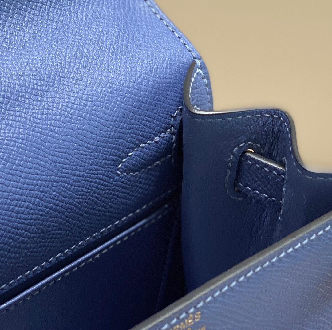 HERMES KELLY MINI 20 BAG IN AZURE BLUE CALFSKIN WITH GOLD HARDWARE