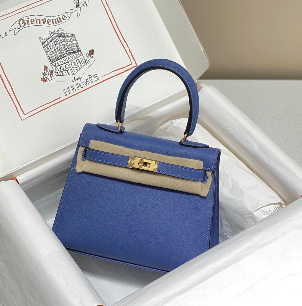 HERMES KELLY MINI 20 BAG IN AZURE BLUE CALFSKIN WITH GOLD HARDWARE