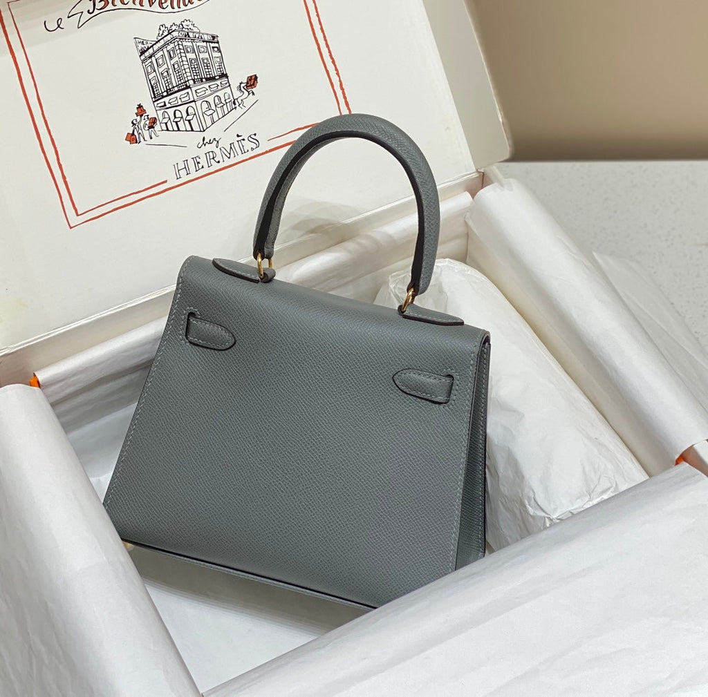 HERMES KELLY MINI 20 BAG IN SHARK GRAY CALFSKIN WITH GOLD HARDWARE