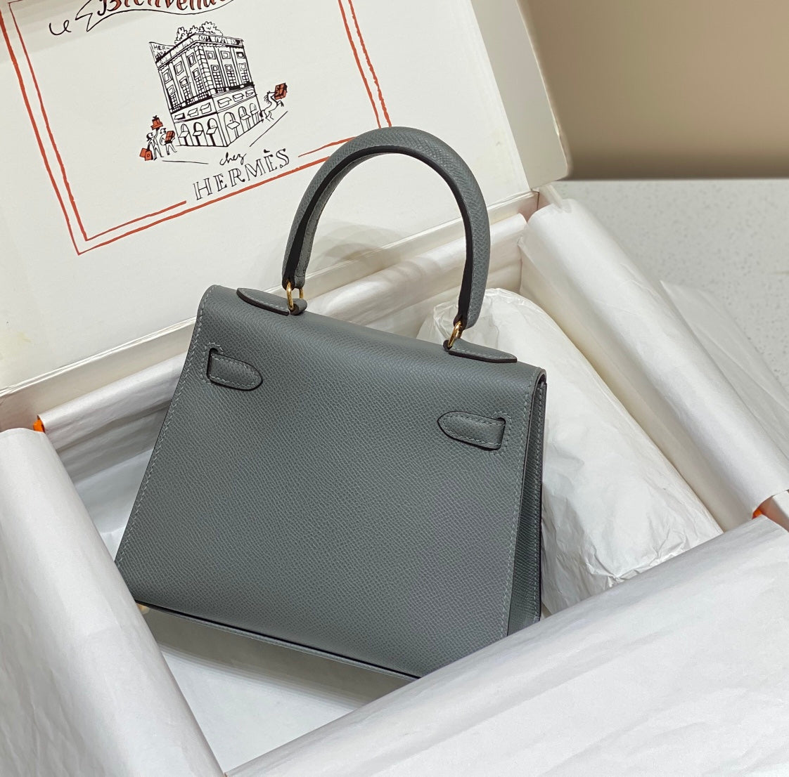 HERMES KELLY MINI 20 BAG IN SHARK GRAY CALFSKIN WITH GOLD HARDWARE