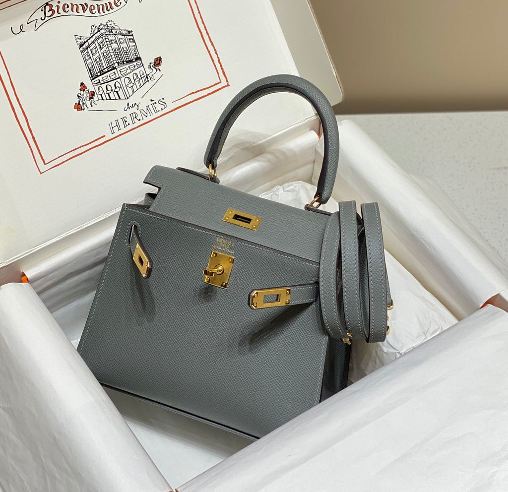 HERMES KELLY MINI 20 BAG IN SHARK GRAY CALFSKIN WITH GOLD HARDWARE
