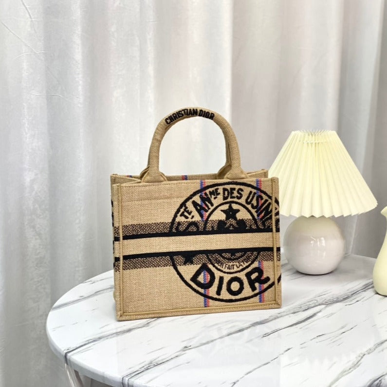 DIOR SHOPPING BAG 26 IN BEIGE AND BLACK EMBROIDERED CANVAS