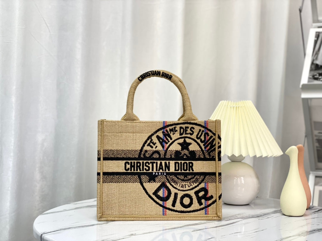 DIOR SHOPPING BAG 26 IN BEIGE AND BLACK EMBROIDERED CANVAS
