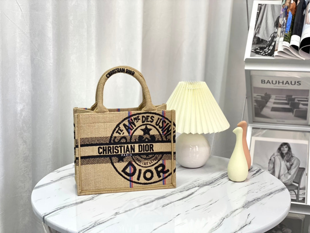 DIOR SHOPPING BAG 26 IN BEIGE AND BLACK EMBROIDERED CANVAS