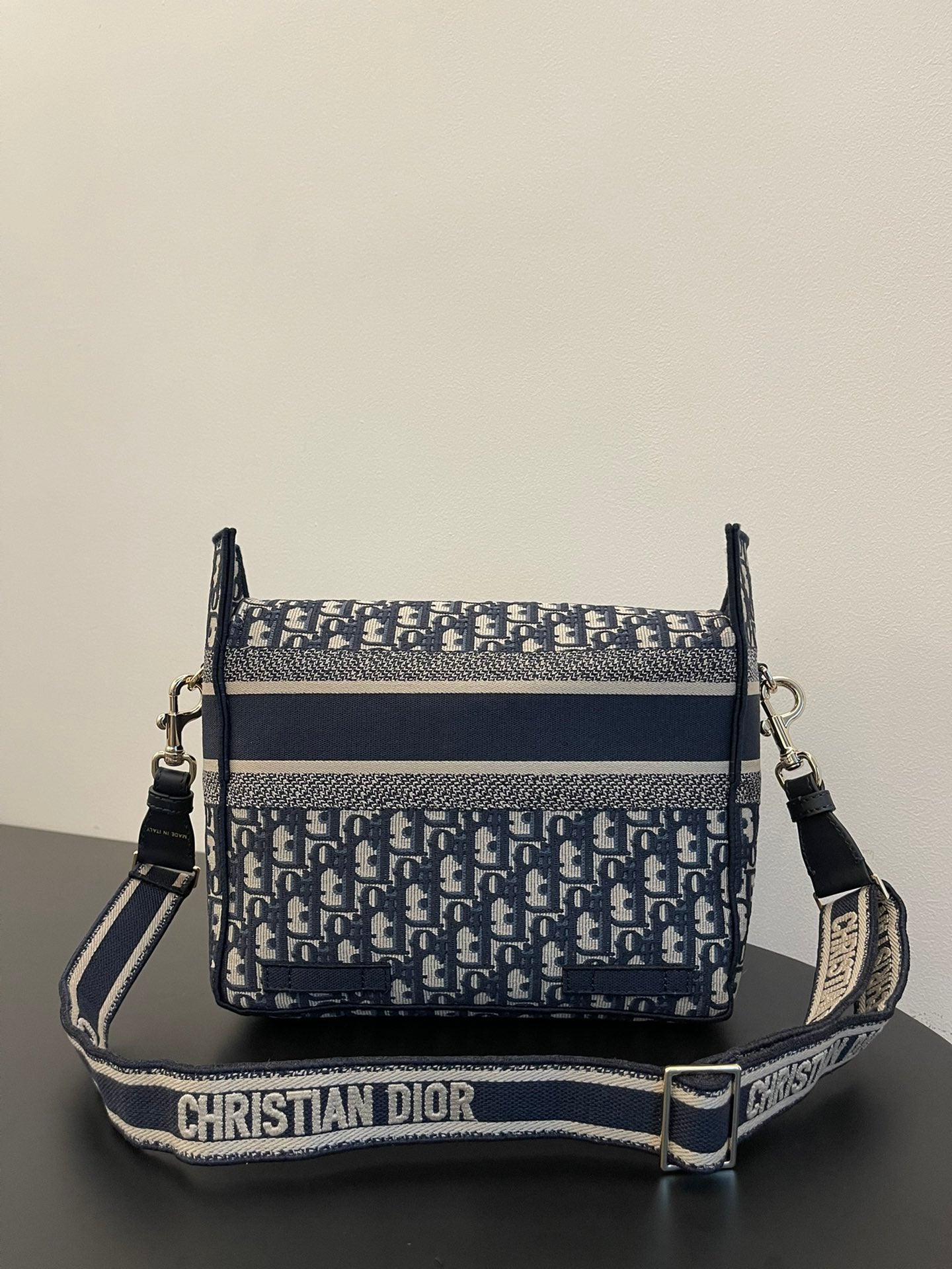 DIOR MEDIUM 28 CAMP BAG IN BLUE OBLIQUE EMBROIDERY
