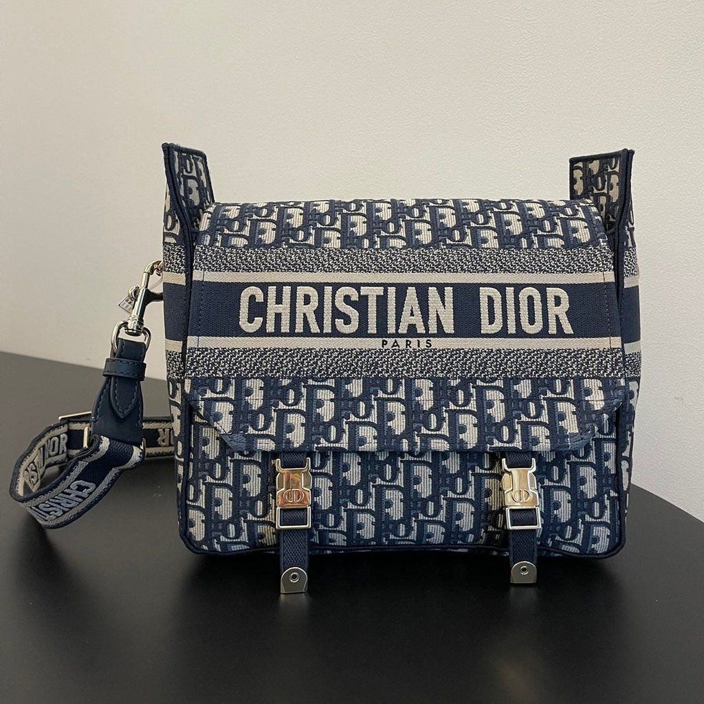 DIOR MEDIUM 28 CAMP BAG IN BLUE OBLIQUE EMBROIDERY