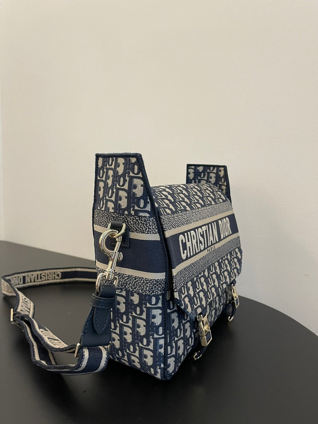 DIOR MEDIUM 28 CAMP BAG IN BLUE OBLIQUE EMBROIDERY