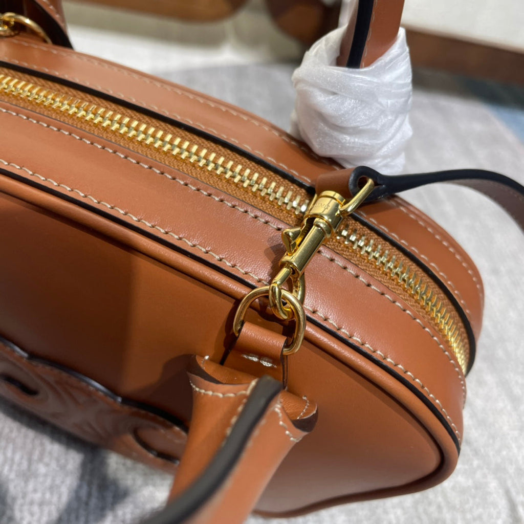 CELINE TRIOMPHE TOP HANDLE BAG 20 IN BRONZE BROWN CALFSKIN