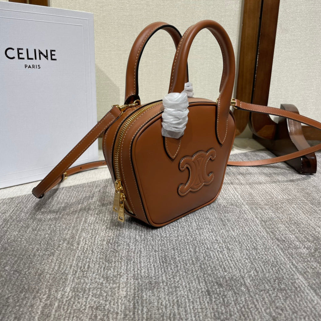 CELINE TRIOMPHE TOP HANDLE BAG 20 IN BRONZE BROWN CALFSKIN