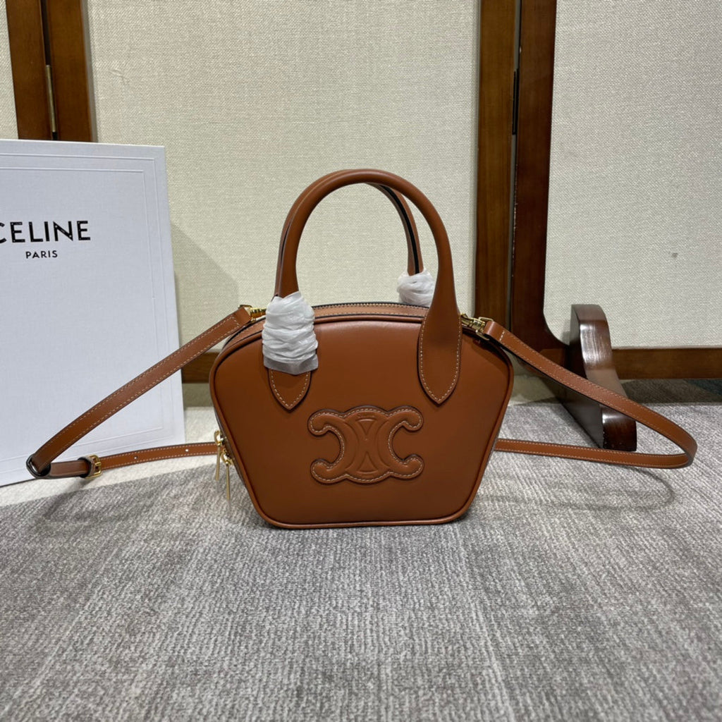 CELINE TRIOMPHE TOP HANDLE BAG 20 IN BRONZE BROWN CALFSKIN