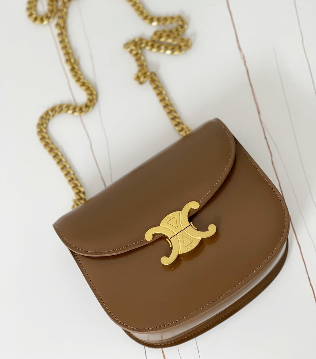 CELINE TRIPHOME 19 SADDLE BAG CARAMEL BROWN CALFSKIN