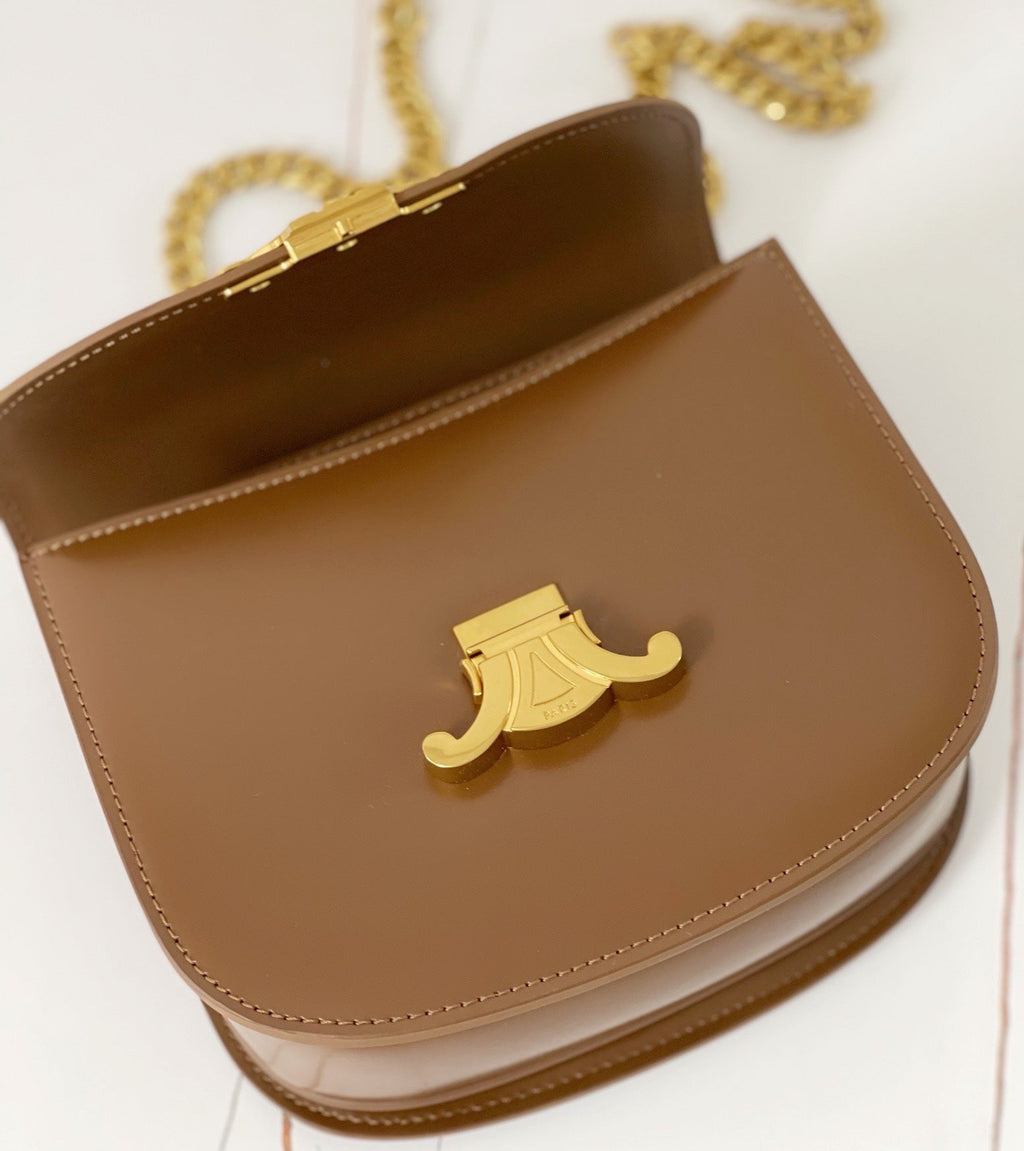 CELINE TRIPHOME 19 SADDLE BAG CARAMEL BROWN CALFSKIN