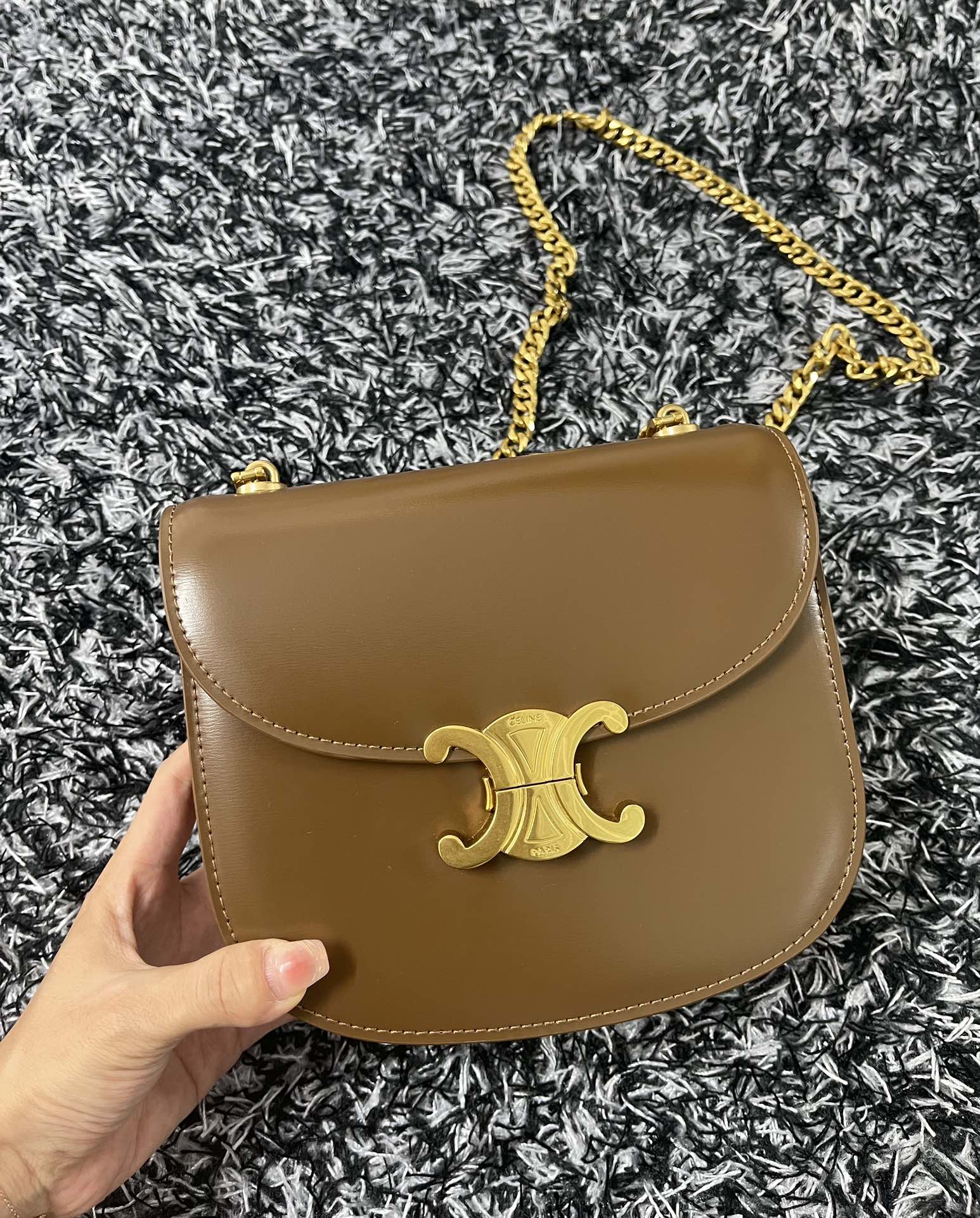 CELINE TRIPHOME 19 SADDLE BAG CARAMEL BROWN CALFSKIN