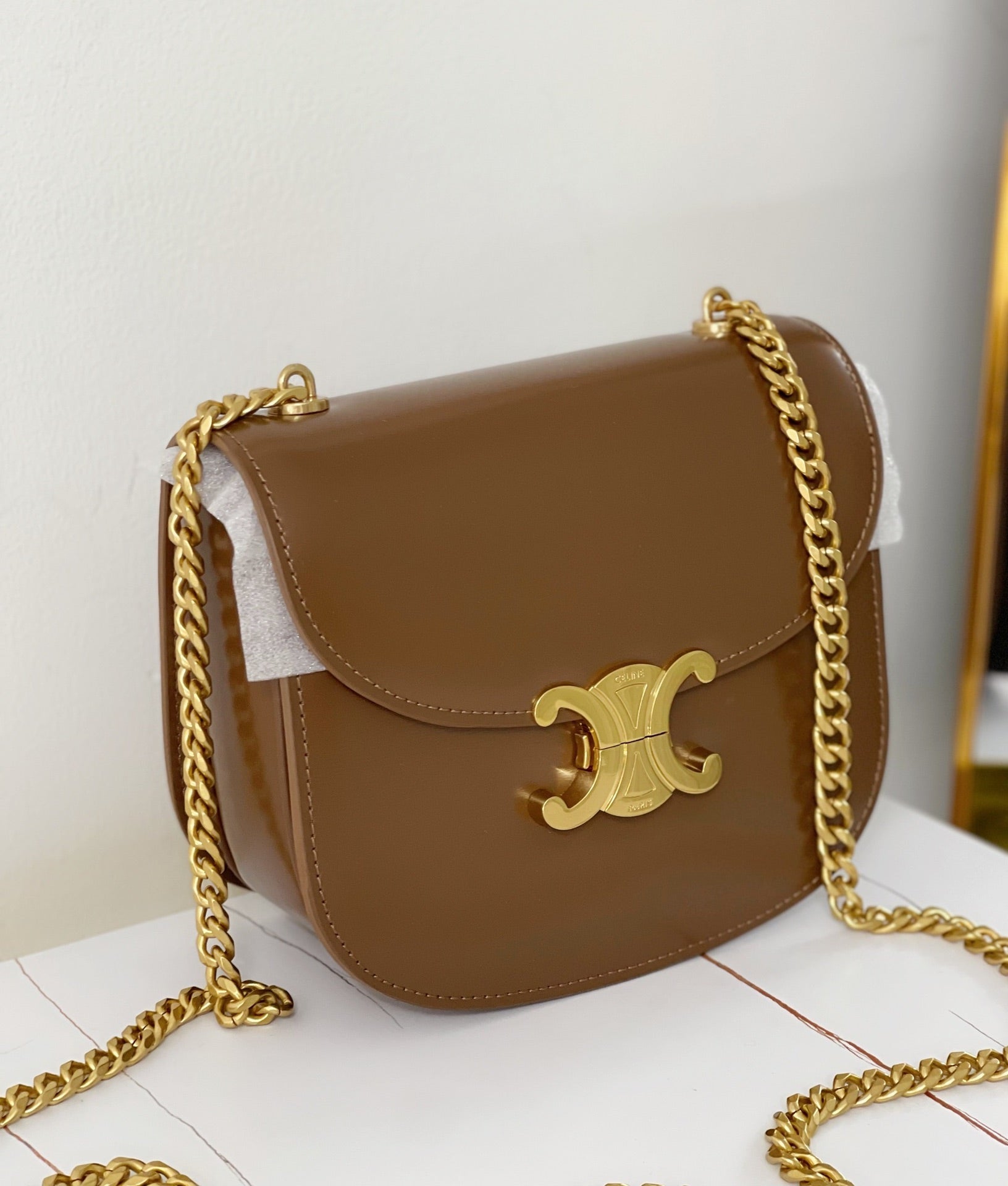 CELINE TRIPHOME 19 SADDLE BAG CARAMEL BROWN CALFSKIN