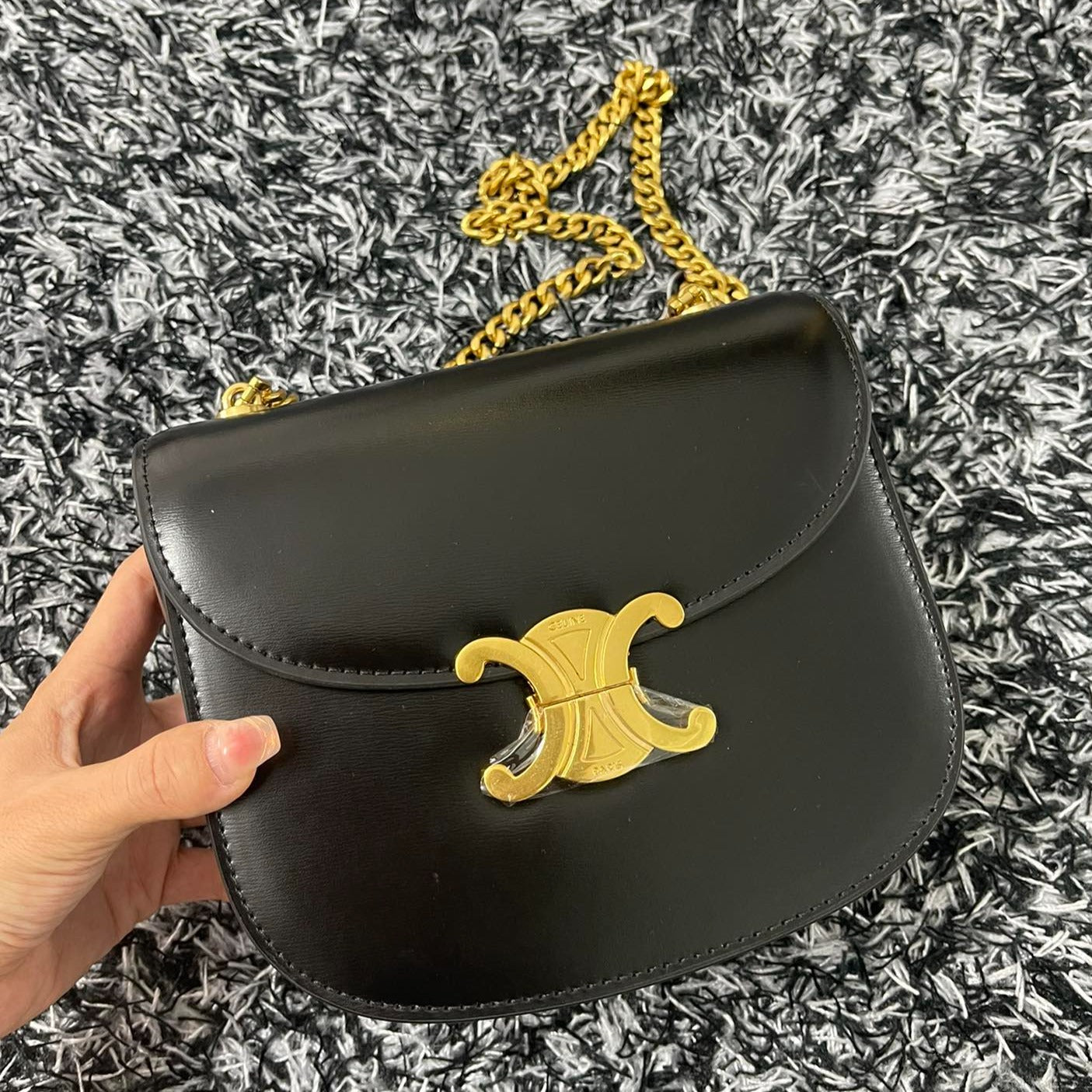 CELINE TRIPHOME 19 SADDLE BAG BLACK CALFSKIN