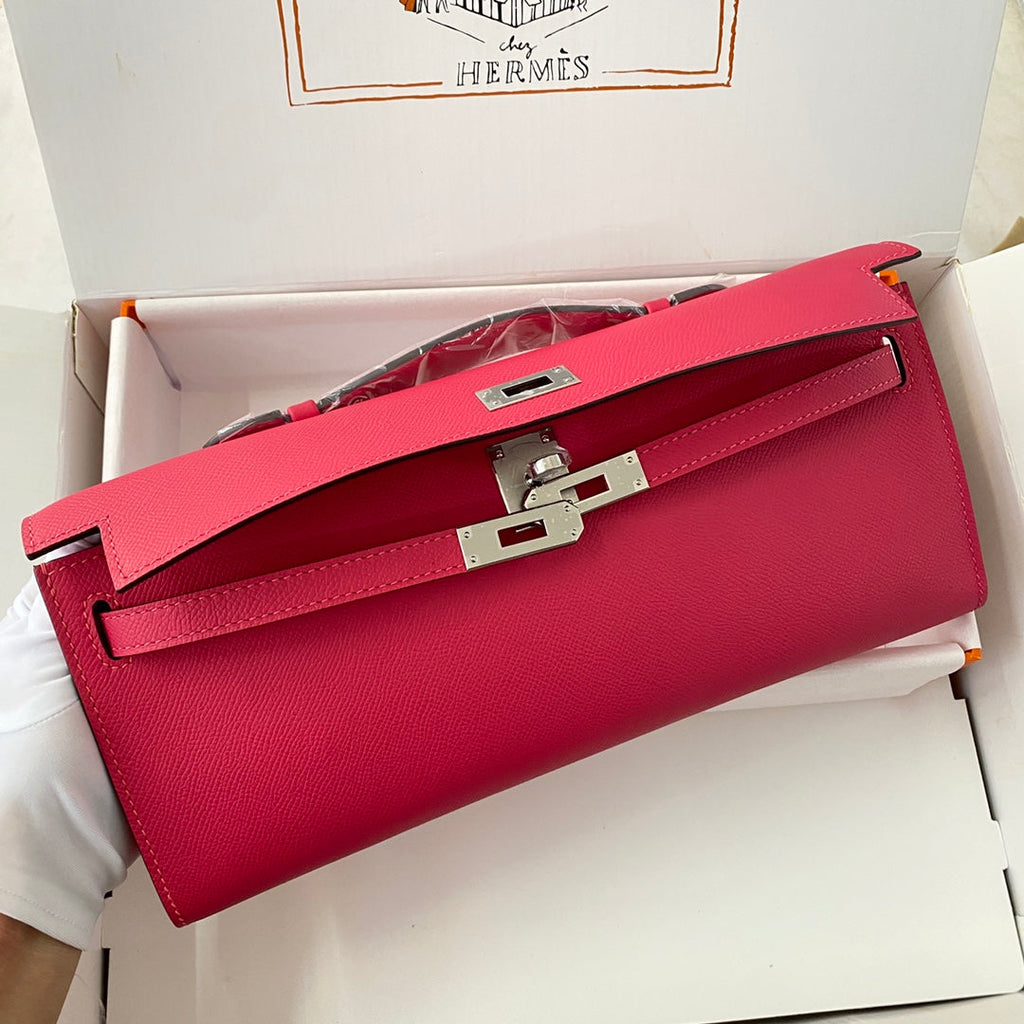 HERMES KELLY CUT 31 IN CHERRY RED CALFSKIN WITH SILVER HARDWARE