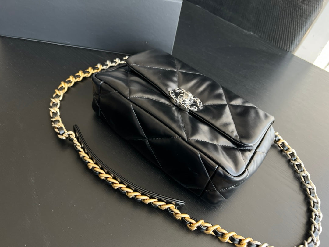 CHANEL 19 FLAP BAG 30 BLACK GOATSKIN RUTHENIUM HARDWARE