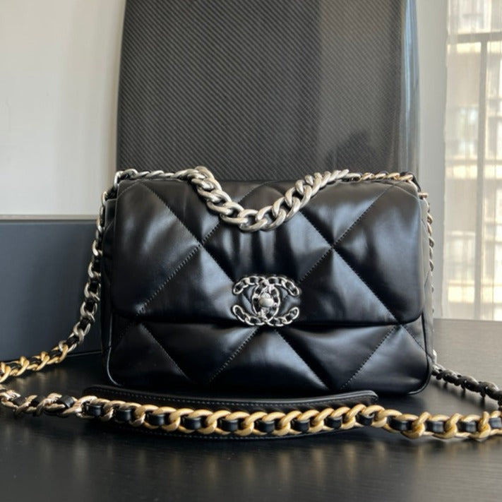 CHANEL 19 FLAP BAG 30 BLACK GOATSKIN RUTHENIUM HARDWARE