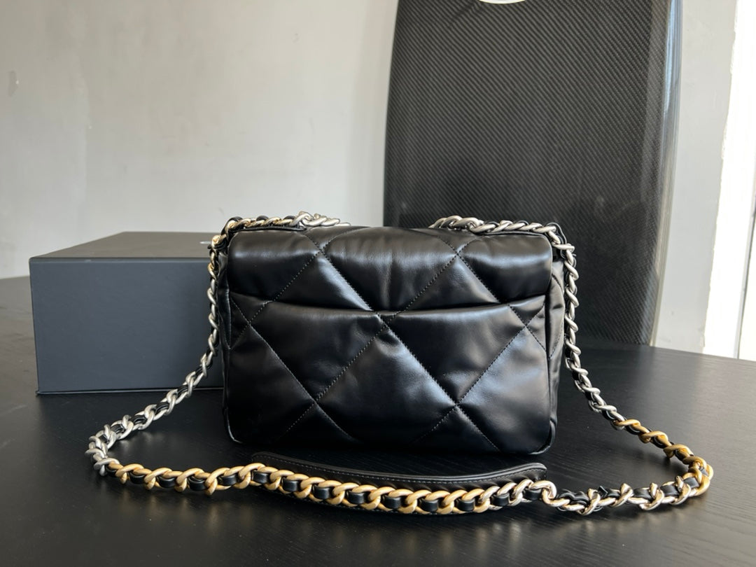 CHANEL 19 FLAP BAG 30 BLACK GOATSKIN RUTHENIUM HARDWARE