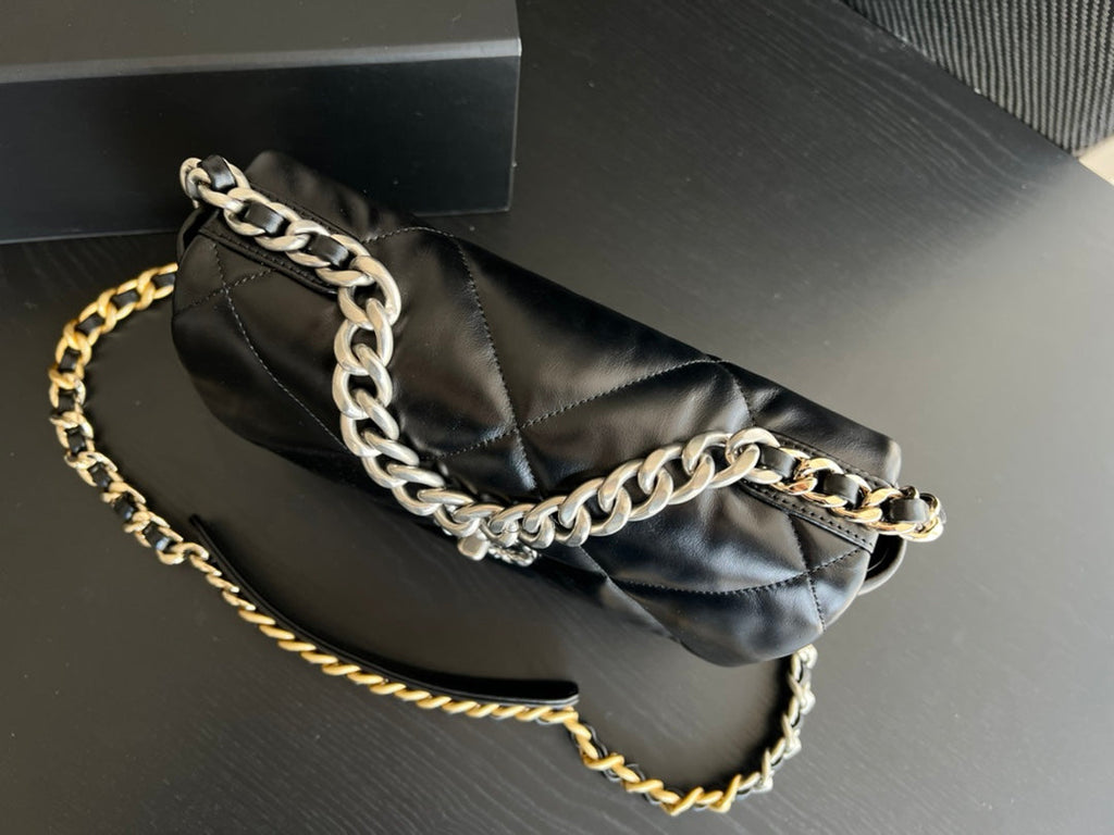CHANEL 19 FLAP BAG 30 BLACK GOATSKIN RUTHENIUM HARDWARE