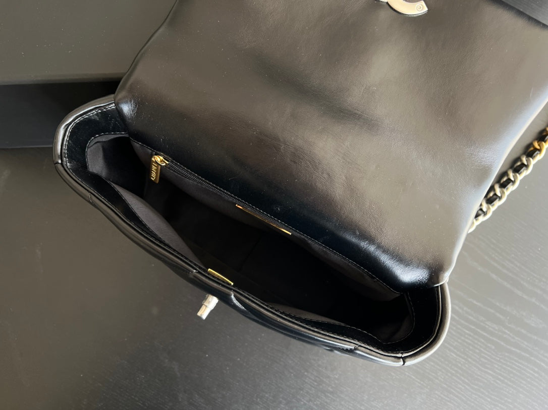 CHANEL 19 FLAP BAG 30 BLACK GOATSKIN RUTHENIUM HARDWARE
