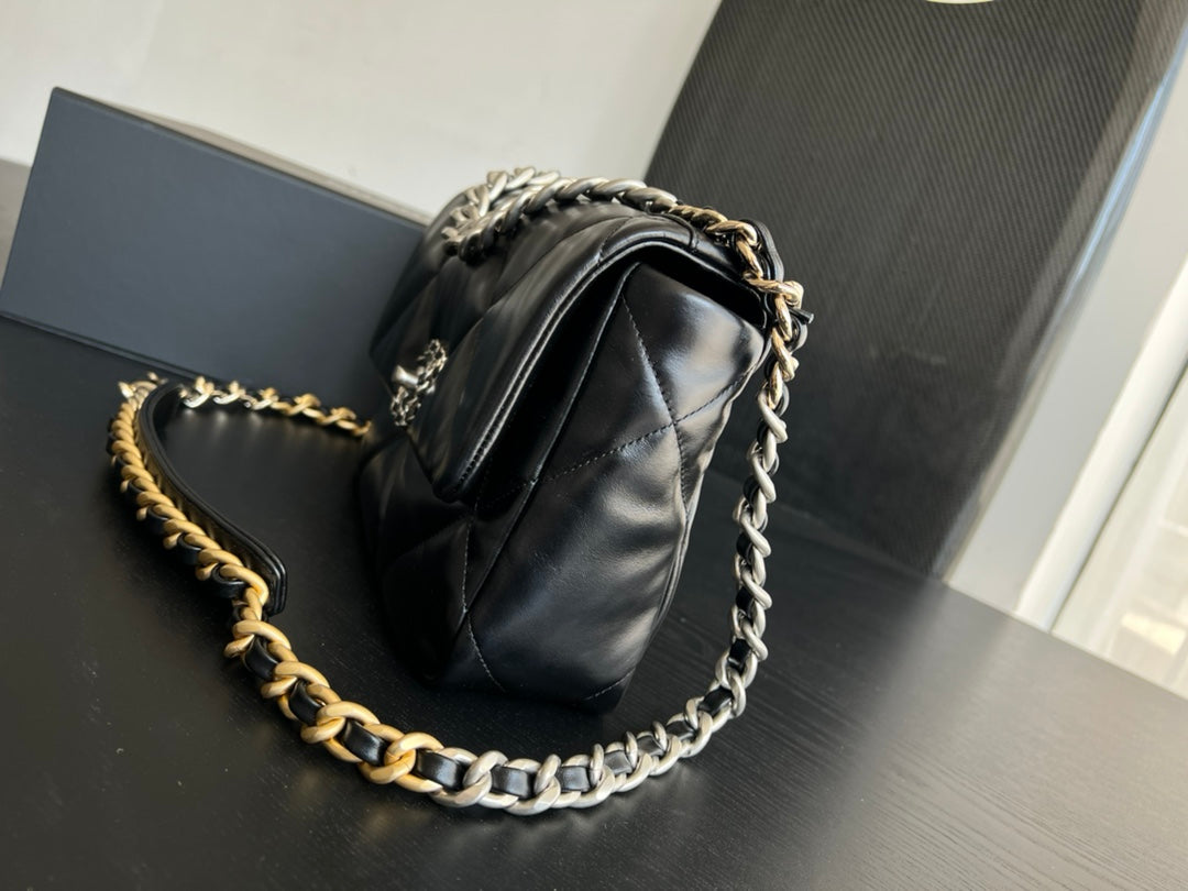 CHANEL 19 FLAP BAG 30 BLACK GOATSKIN RUTHENIUM HARDWARE