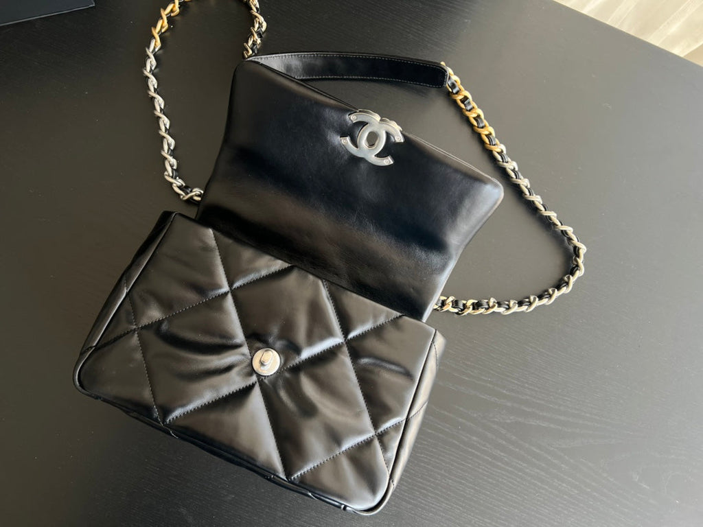 CHANEL 19 FLAP BAG 30 BLACK GOATSKIN RUTHENIUM HARDWARE