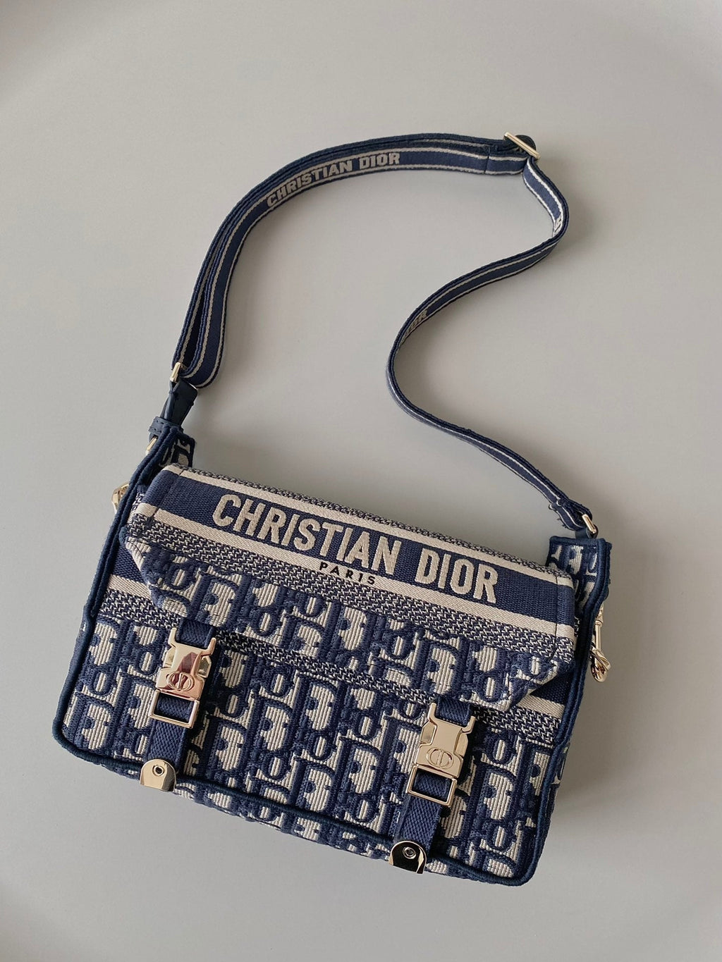 DIOR SMALL CAMP BAG 23 OBLIQUE BLUE EMBROIDERY