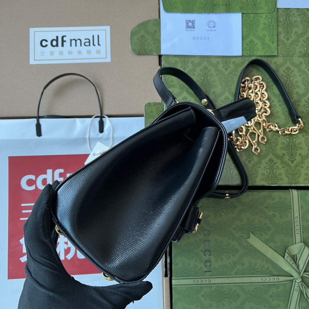 GUCCI HORSEBIT 1955 MEDIUM TOP HANDLE BAG 29 IN BLACK CALFSKIN GOLD HARDWARE