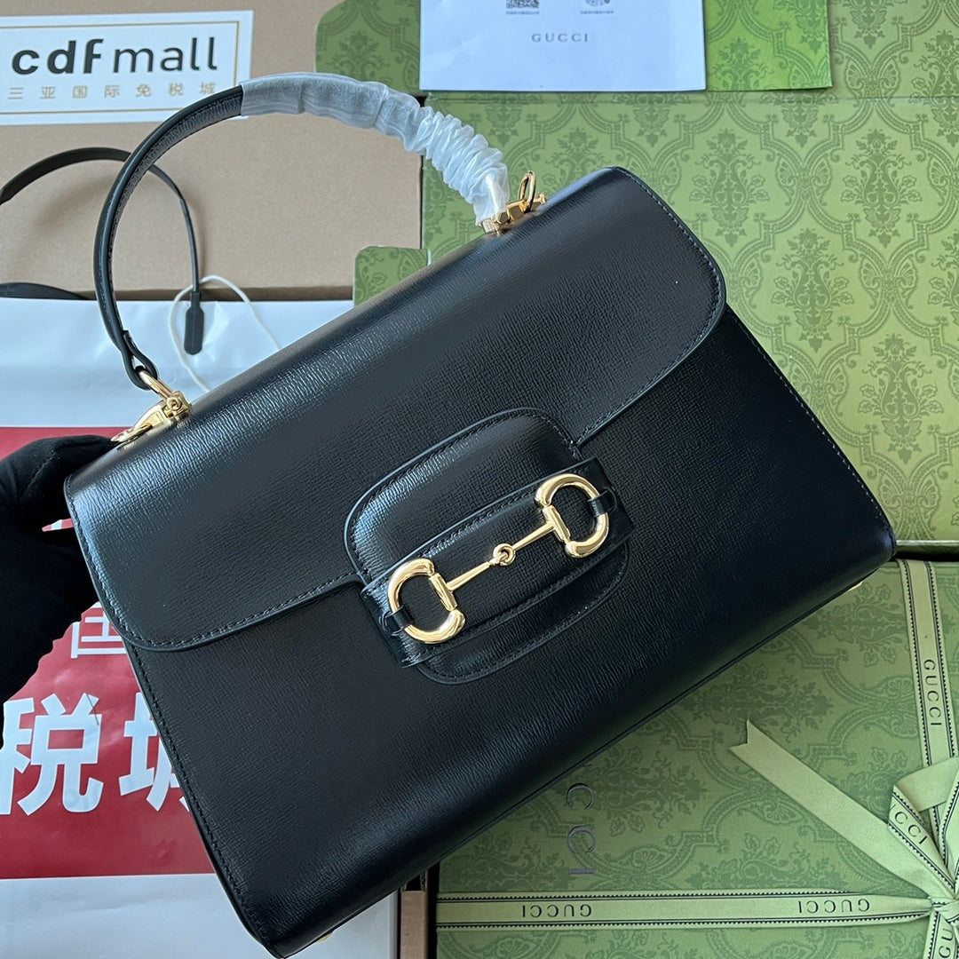 GUCCI HORSEBIT 1955 MEDIUM TOP HANDLE BAG 29 IN BLACK CALFSKIN GOLD HARDWARE
