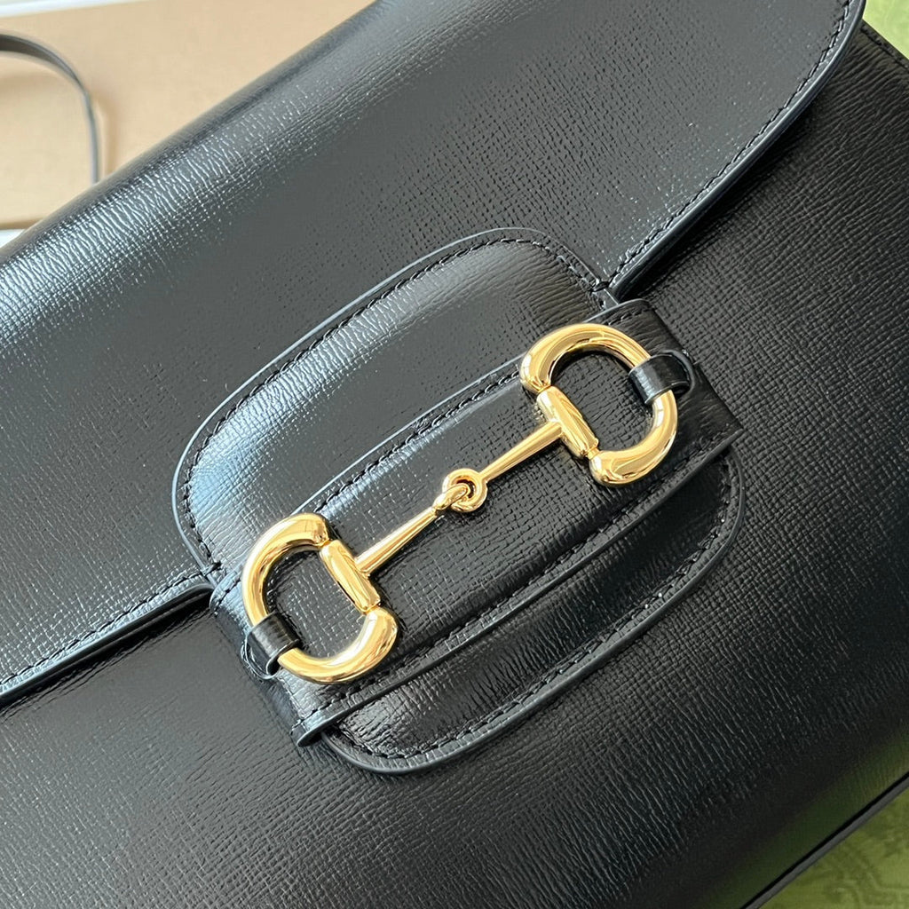 GUCCI HORSEBIT 1955 MEDIUM TOP HANDLE BAG 29 IN BLACK CALFSKIN GOLD HARDWARE