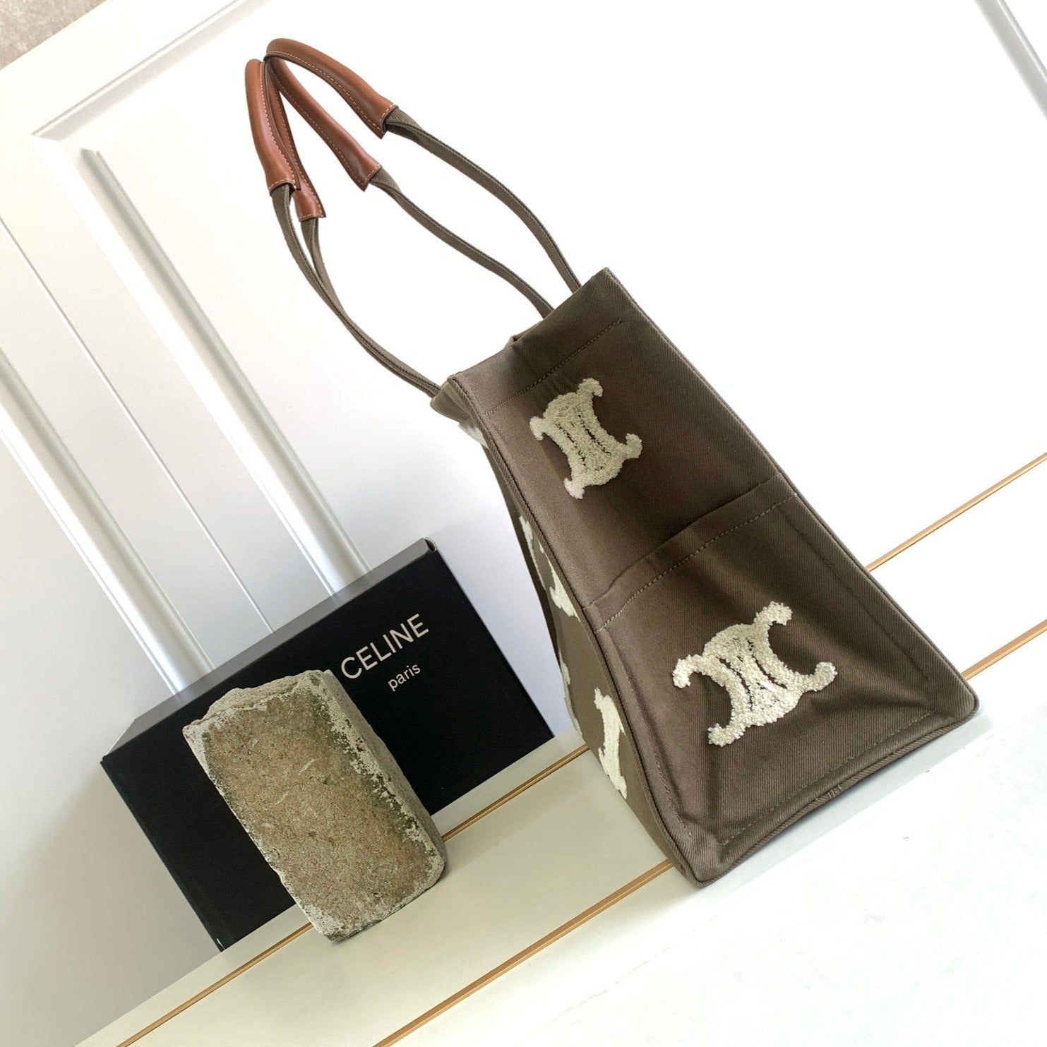 CELINE DARK BROWN 41 CANVAS TOTE LOGO LETTER
