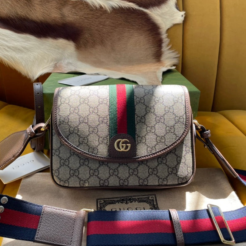 GUCCI OPHIDIA SMALL 23 BAG IN BEIGE AND EBONY SUPREME CANVAS