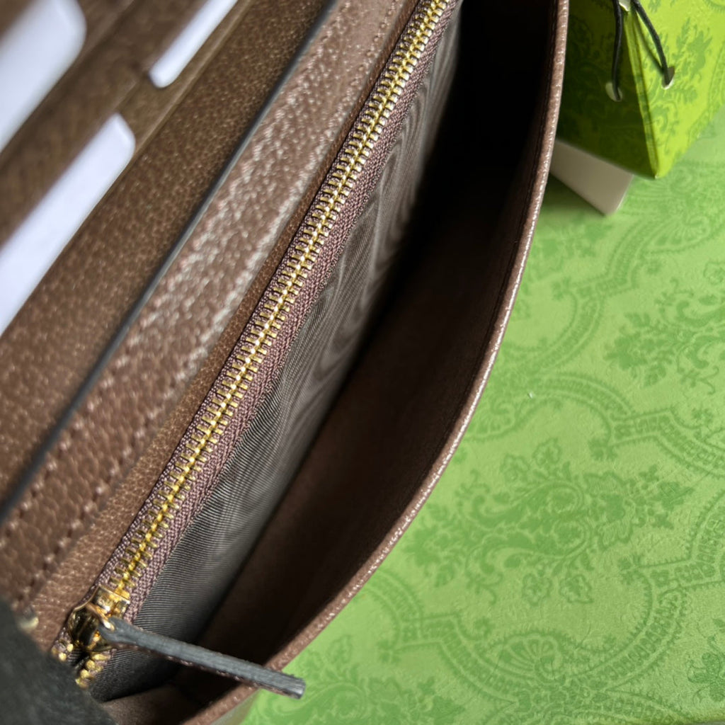 GUCCI MINI 19 OPHIDIA BAG IN BROWN CALFSKIN AND BEIGE CANVAS
