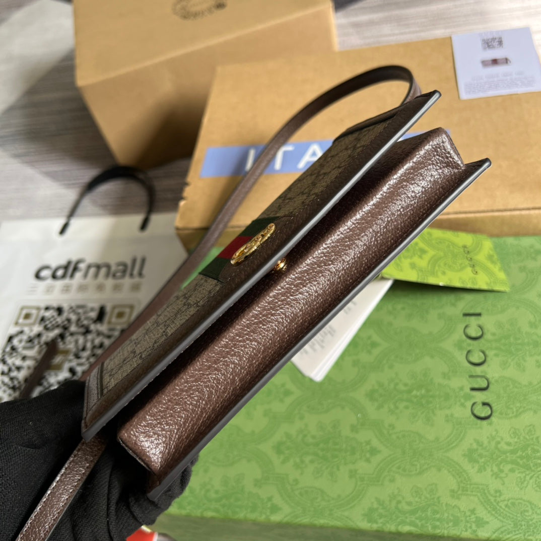 GUCCI MINI 19 OPHIDIA BAG IN BROWN CALFSKIN AND BEIGE CANVAS