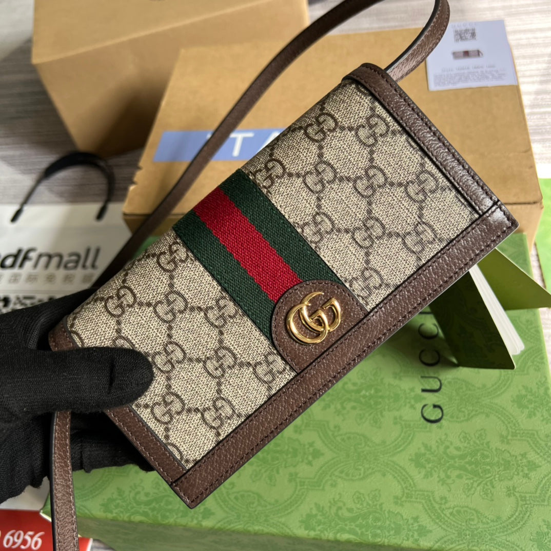 GUCCI MINI 19 OPHIDIA BAG IN BROWN CALFSKIN AND BEIGE CANVAS