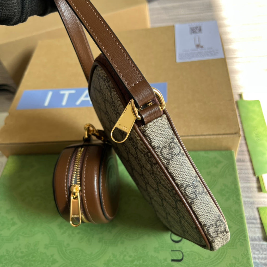 GUCCI MINI BAG 17 IN BROWN CALFSKIN AND BEIGE CANVAS