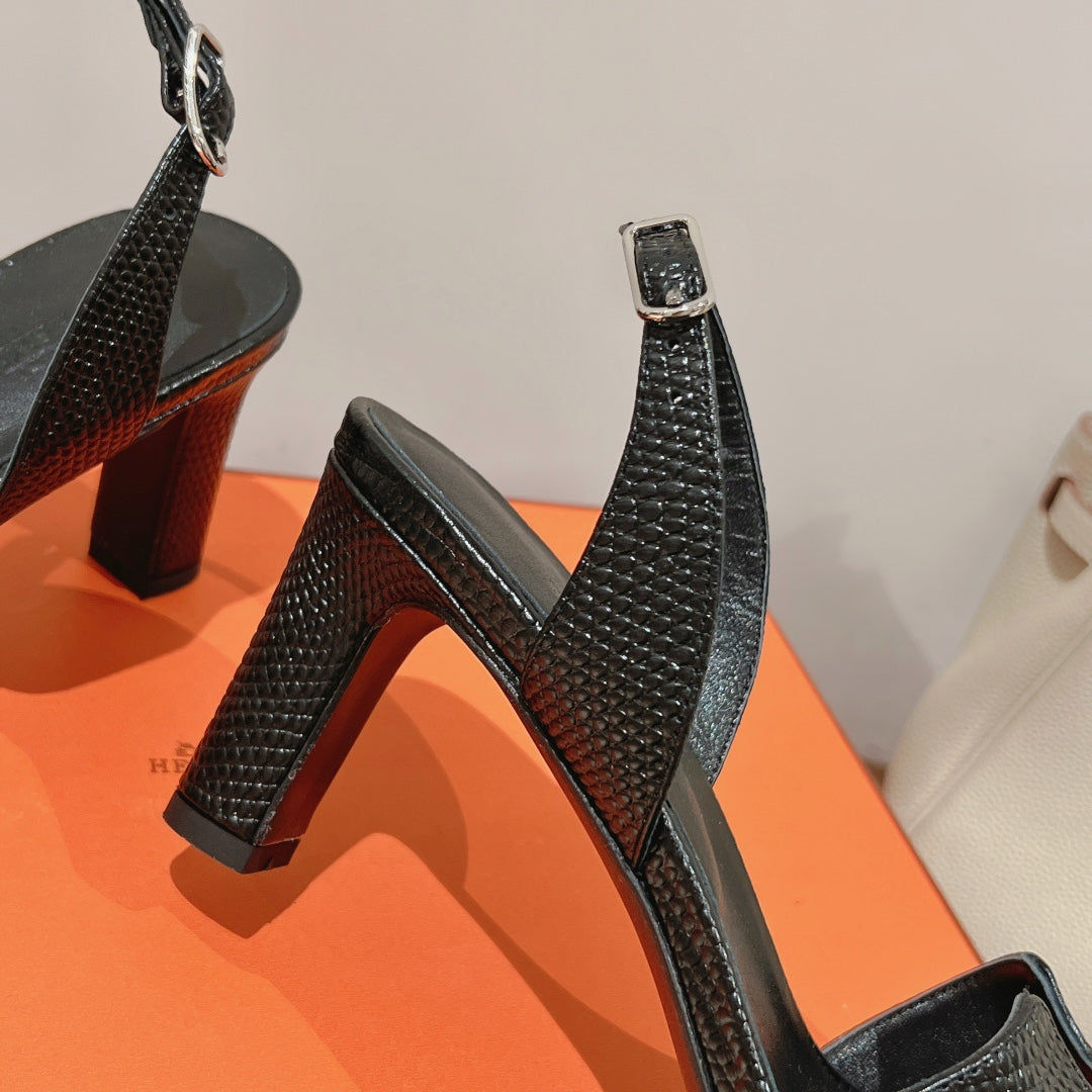HERMES HOLY 75 SANDAL IN BLACK GRAINED CALFSKIN