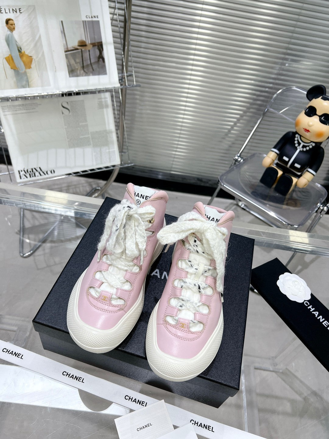 CHANEL CANO ALTO SNEAKER IN BLUSH PINK CALFSKIN AND WHITE RUBBER
