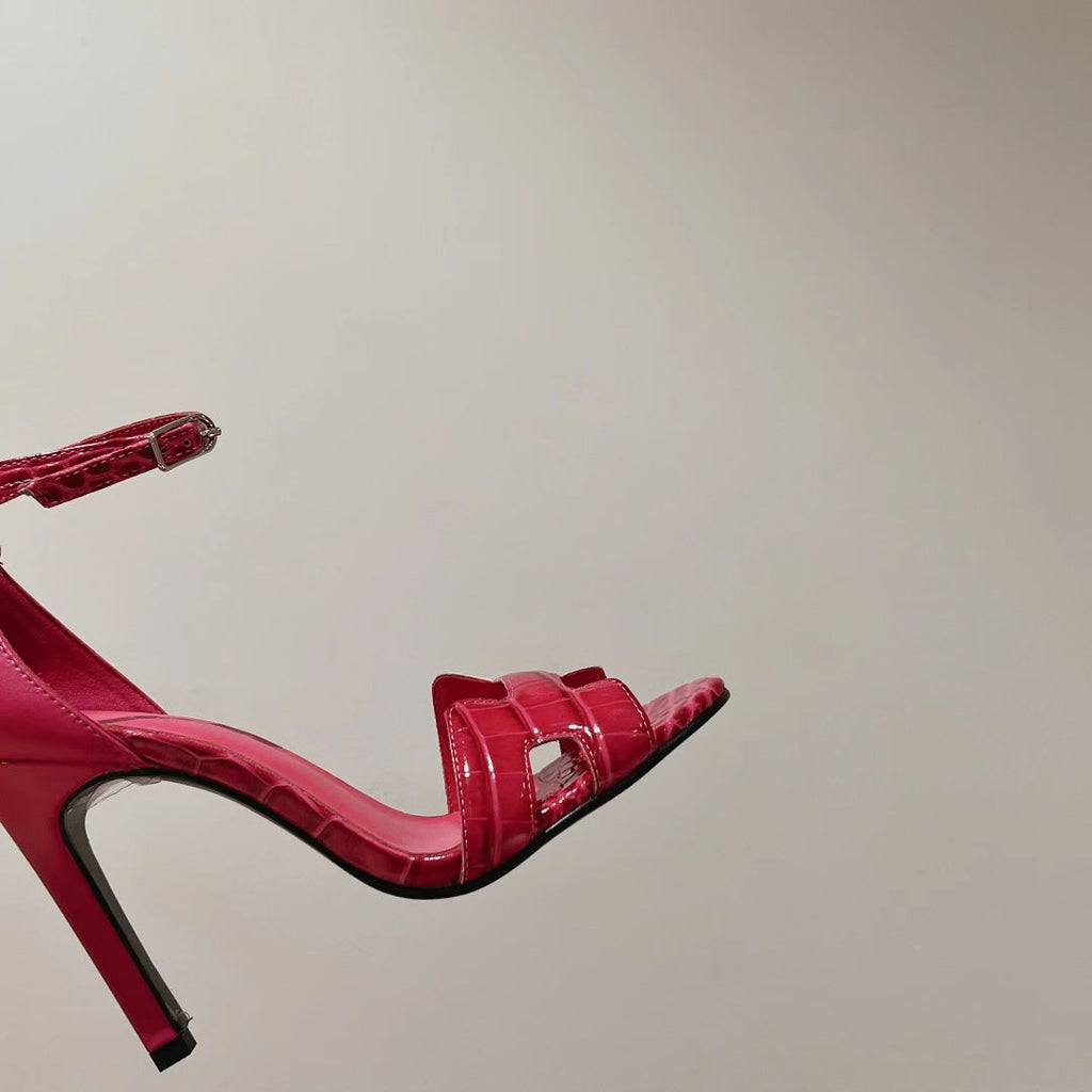 HERMES PREMIERE 115 SANDAL IN WATERMELON PINK CROCODILE LEATHER