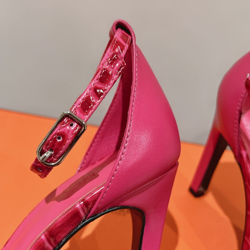 HERMES PREMIERE 115 SANDAL IN WATERMELON PINK CROCODILE LEATHER
