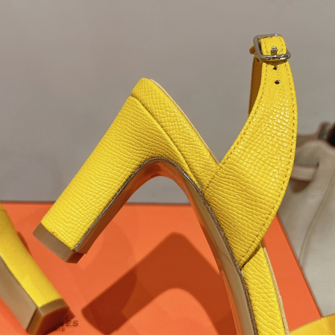 HERMES HOLY 75 SANDAL IN BRIGHT YELLOW GRAINED CALFSKIN