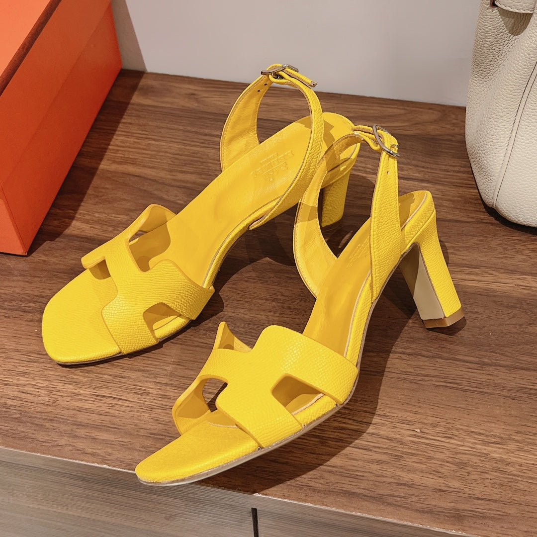 HERMES HOLY 75 SANDAL IN BRIGHT YELLOW GRAINED CALFSKIN